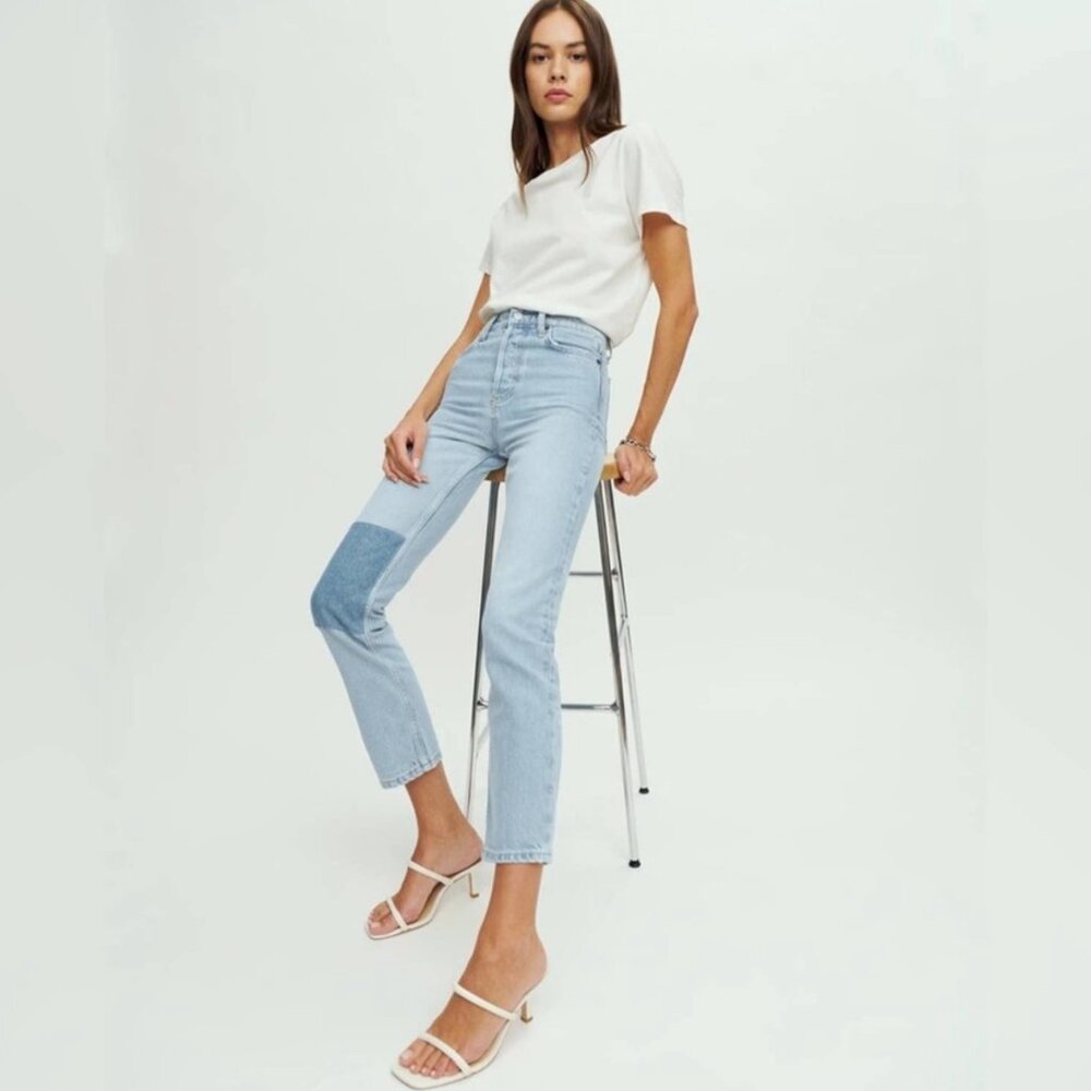 Reformation Cynthia High Rise Straight Leg Patch Jeans Tahoe Light Wash 26 - Picture 4 of 16